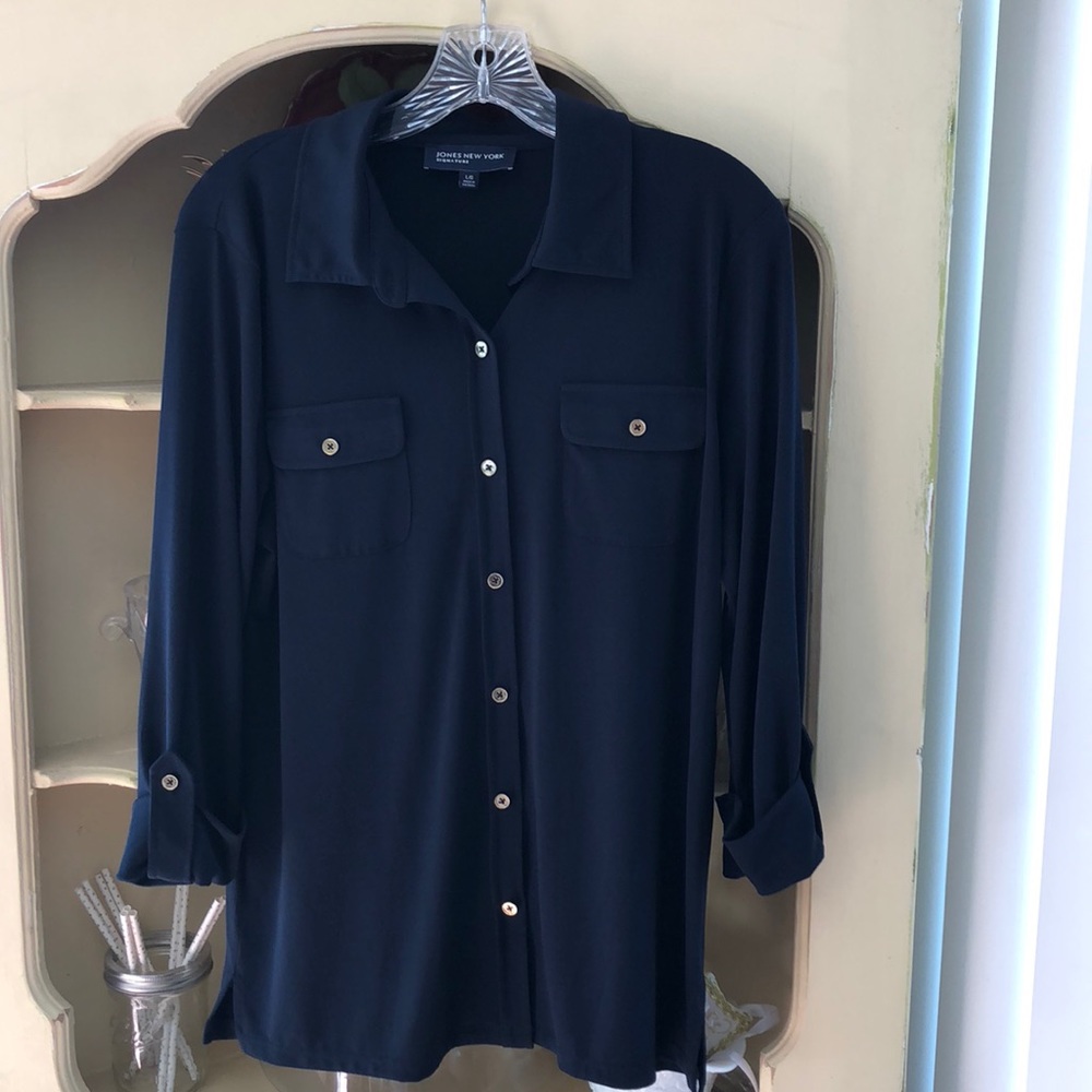 Navy blue, long sleeve button-up blouse
